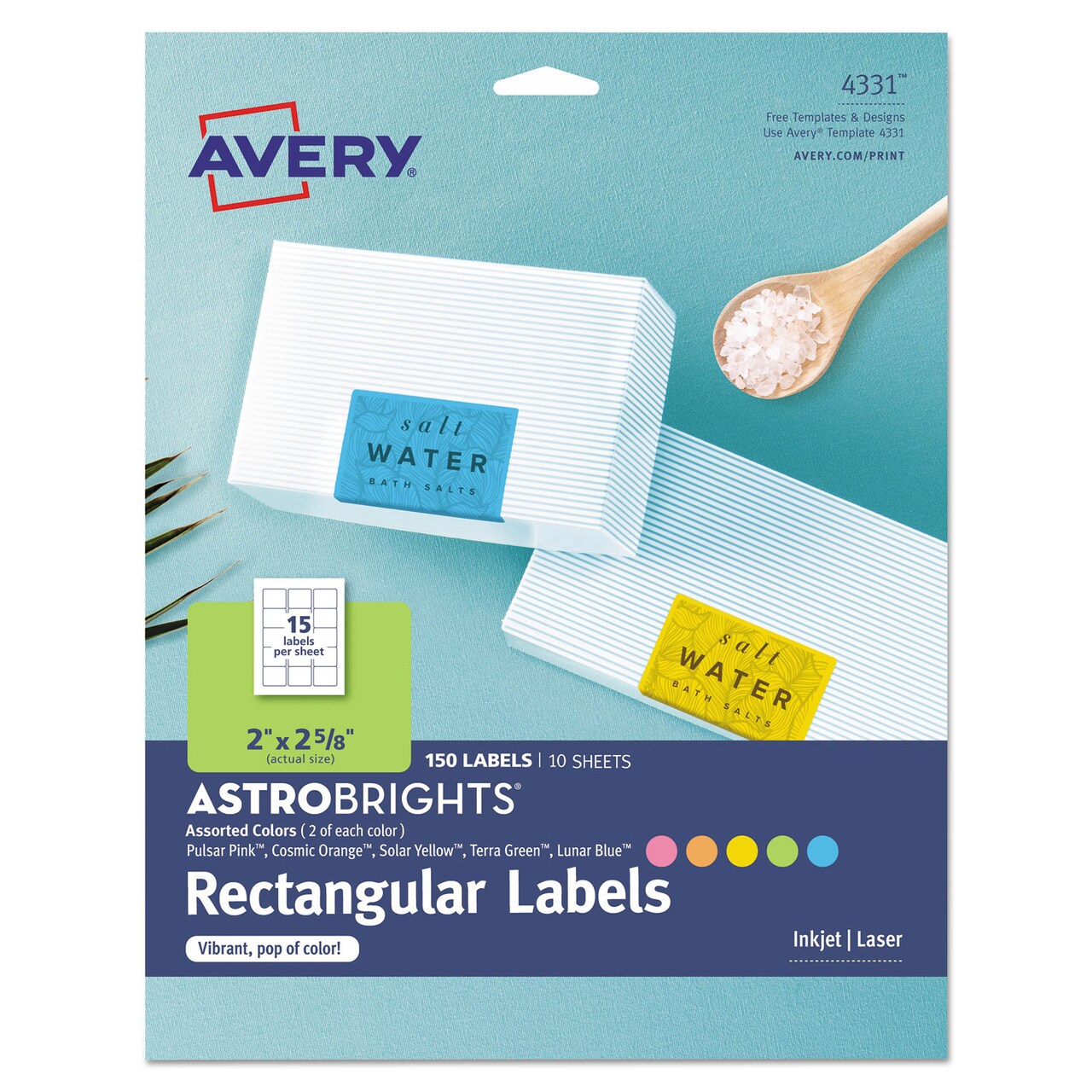 Avery Printable Color Labels with Sure Feed and Easy Peel 2 x 2.63 Assorted Colors 15/Sheet 10 Sheets/Pack